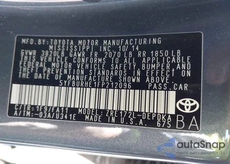 2015 Toyota Corolla L z USA, uszkodzony, nr VIN 5YFBURHE1FP212096